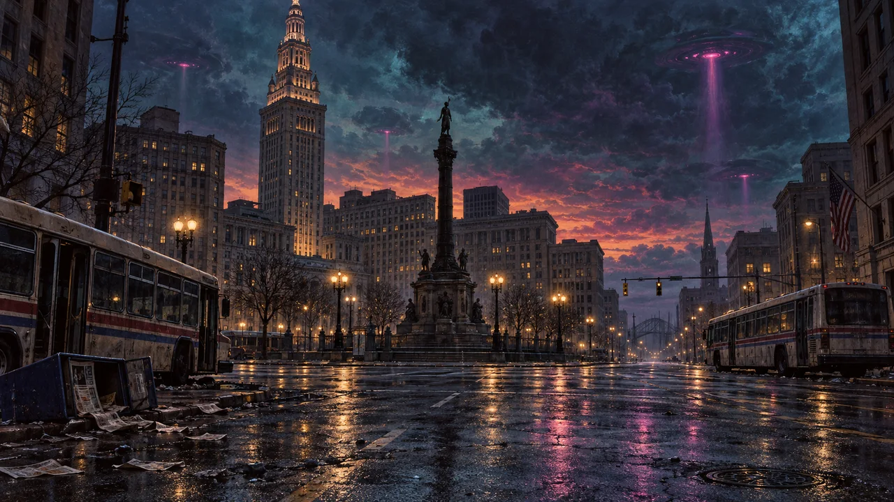 Alien lights gather over Cleveland's deserted Public Square.